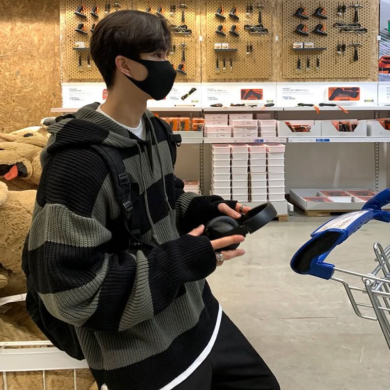 Korean Style Striped Idle Style Retro Hooded Sweater - Eshtree