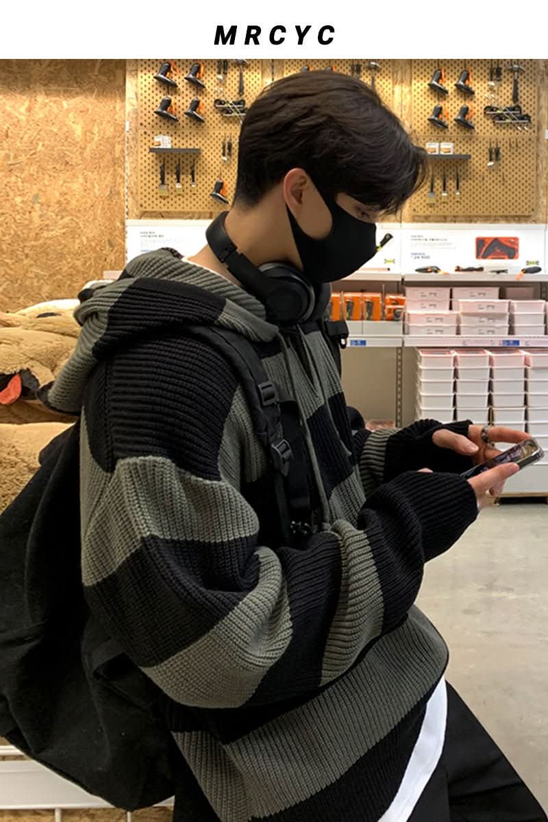 Korean Style Striped Idle Style Retro Hooded Sweater - Eshtree