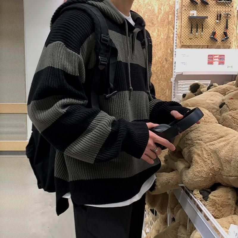 Korean Style Striped Idle Style Retro Hooded Sweater - Eshtree