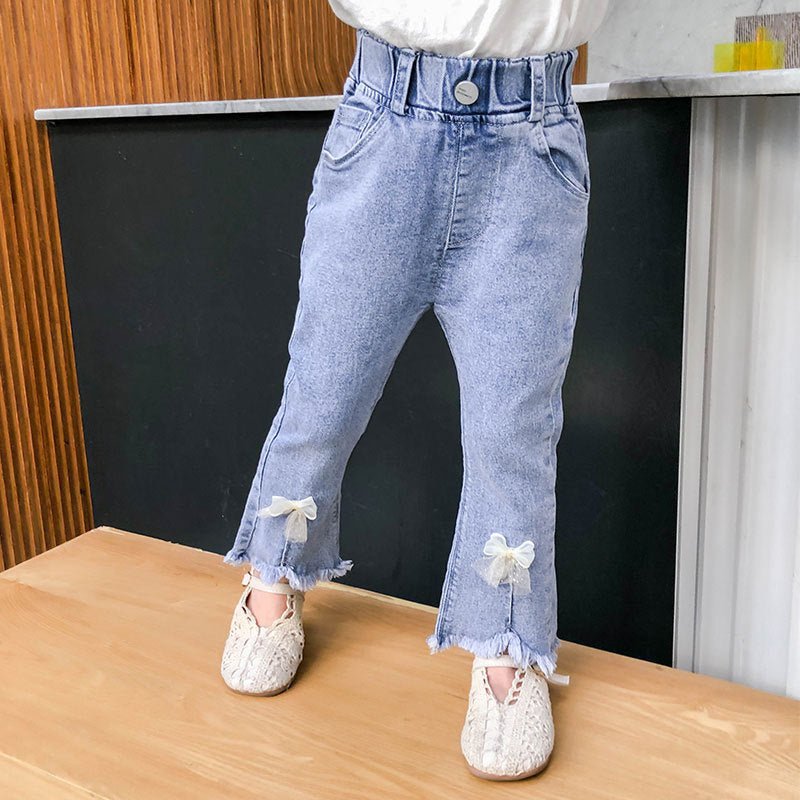 Korean Version Of Children's Clothing Girls Flared Pants Little Girls Bow Stretch Jeans Trend - Eshtree