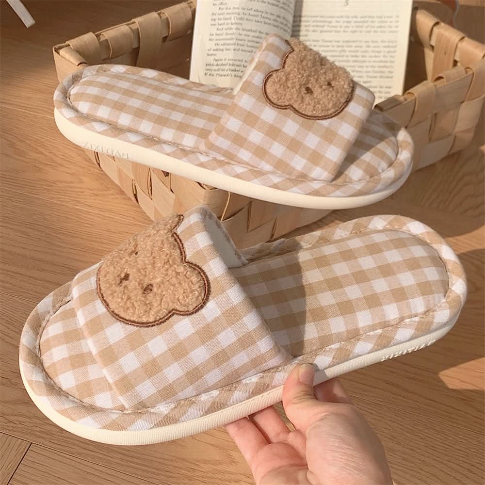 Ladies New Soft Bottom Cute Plaid Bear Home Air - conditioned Room Linen Slippers - Eshtree