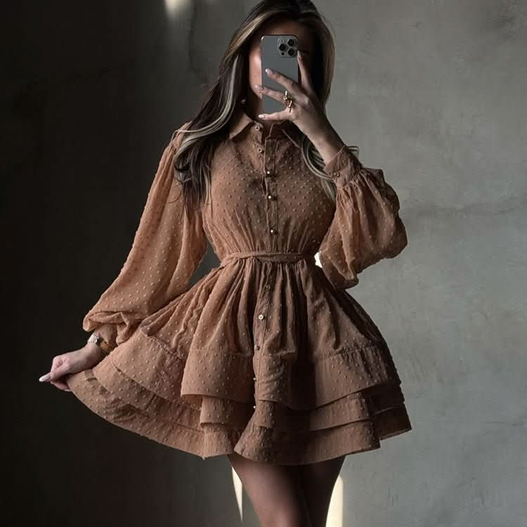 Lapel - collar Long - sleeve Single - breasted Button - up Belted Shirt Dress - Eshtree