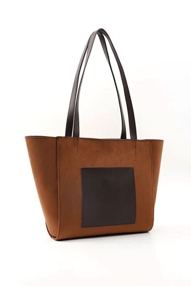 Large Faux Leather Zip Closure Tote Bag With Front Pocket Hand Arm And Shoulder Bag Brown - Eshtree