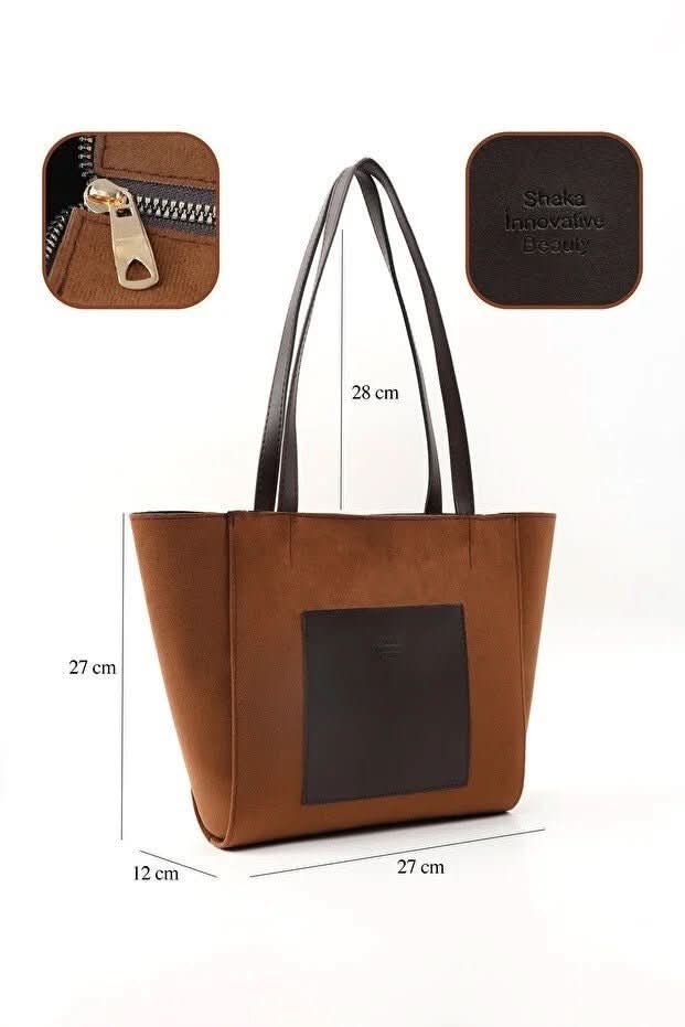 Large Faux Leather Zip Closure Tote Bag With Front Pocket Hand Arm And Shoulder Bag Brown - Eshtree
