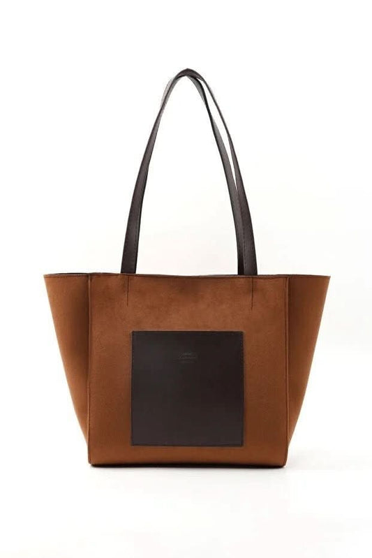 Large Faux Leather Zip Closure Tote Bag With Front Pocket Hand Arm And Shoulder Bag Brown - Eshtree