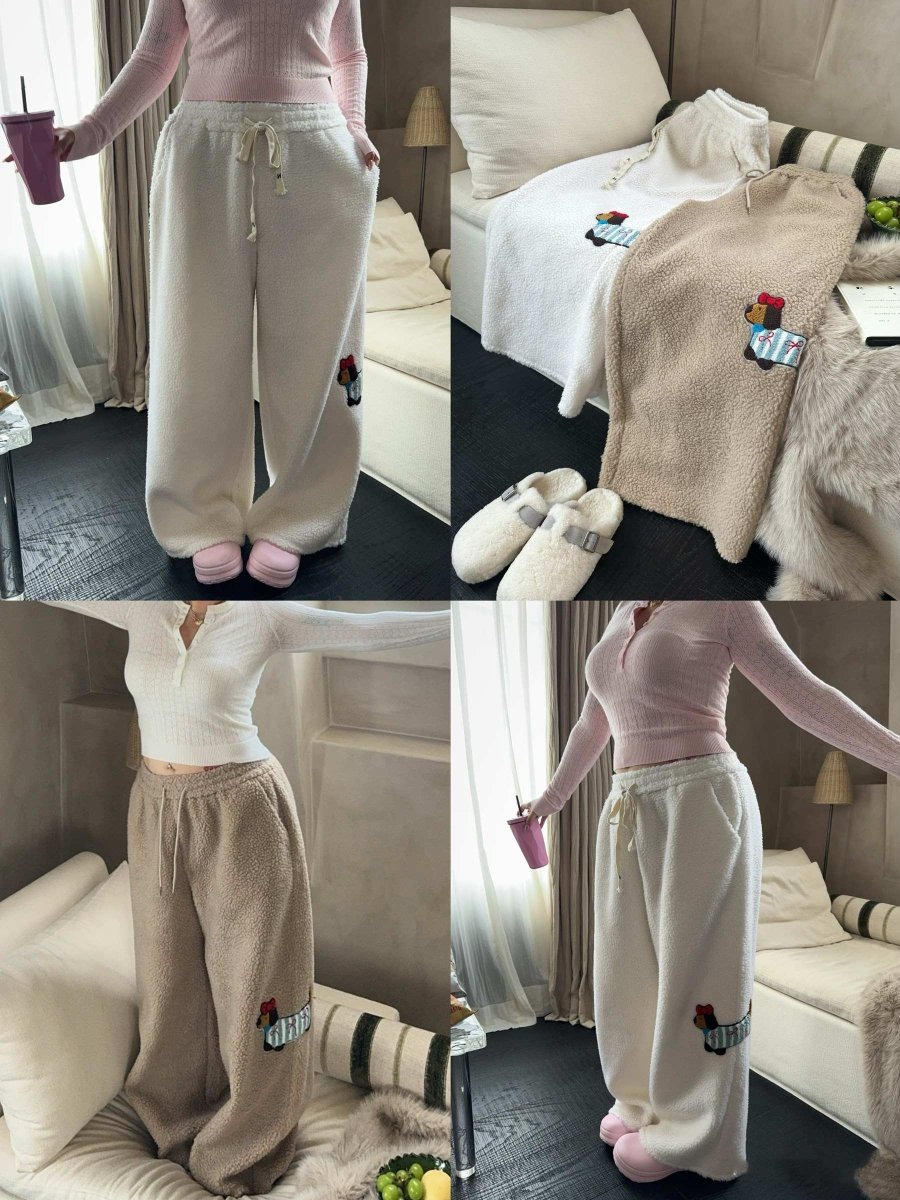 Large Loose Cute Sausage Puppy Embroidery Lamb Wool Wide Leg Casual Pants - Eshtree