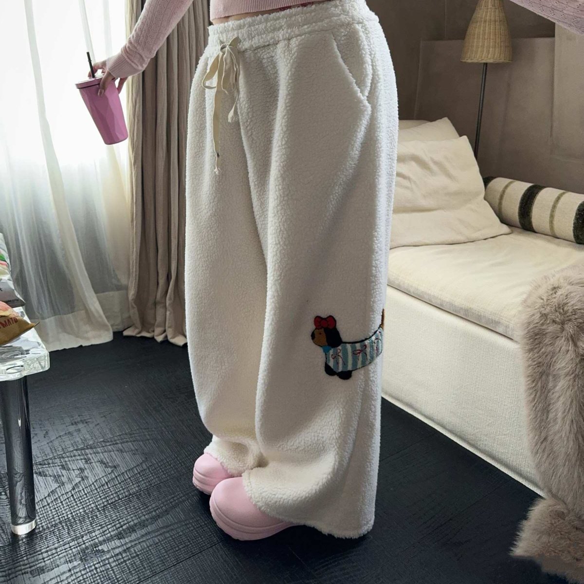 Large Loose Cute Sausage Puppy Embroidery Lamb Wool Wide Leg Casual Pants - Eshtree
