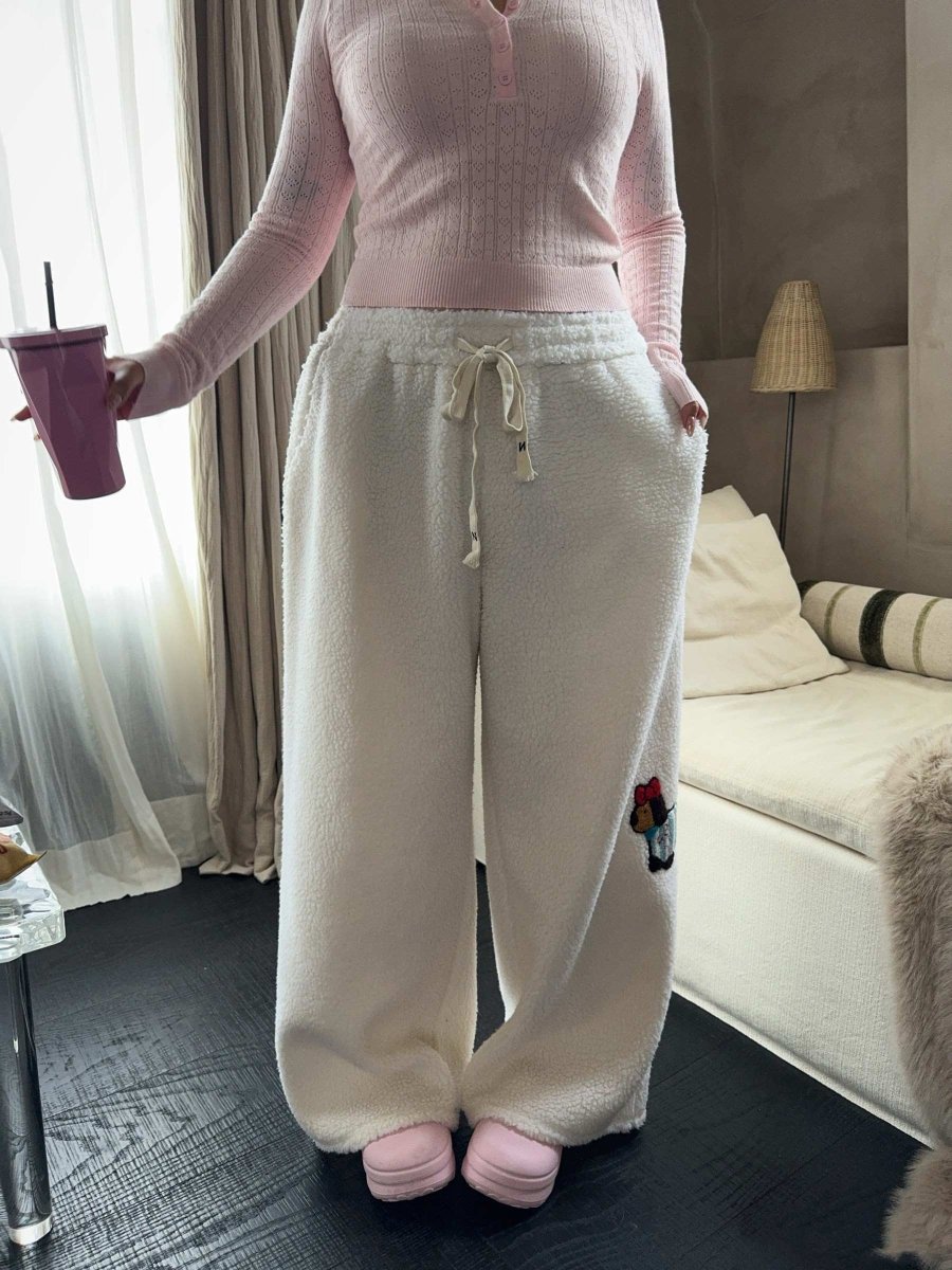 Large Loose Cute Sausage Puppy Embroidery Lamb Wool Wide Leg Casual Pants - Eshtree