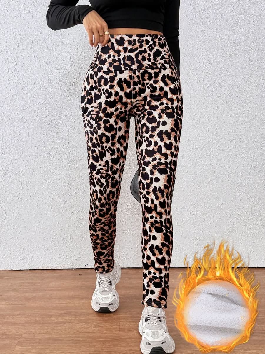 Leopard Print Cashmere Leggings High Waist Slimming And Velvet Padded Warm Side Pocket - Eshtree