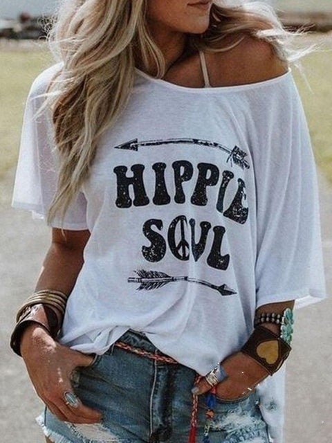 Letter Print Casual Round Neck Short - Sleeved T-Shirt - Eshtree