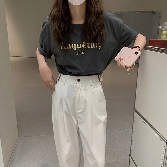 Letter Printed Round Neck Short Sleeve T-Shirt Women"S Summer Korean Loose And Simple Casual Top Xst21022 - Eshtree