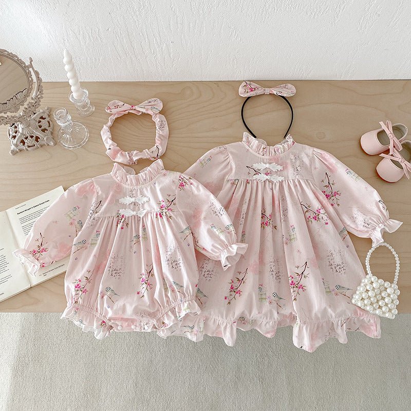 Long Sleeve Baby Girl Triangle Rompers Retro Tang Style Dress - Eshtree