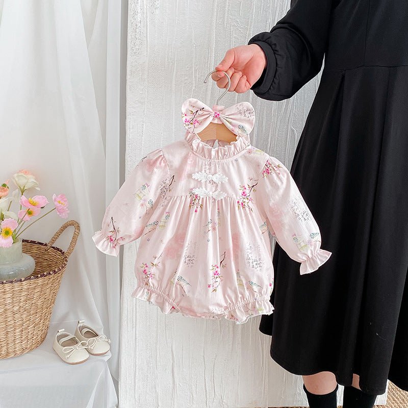 Long Sleeve Baby Girl Triangle Rompers Retro Tang Style Dress - Eshtree