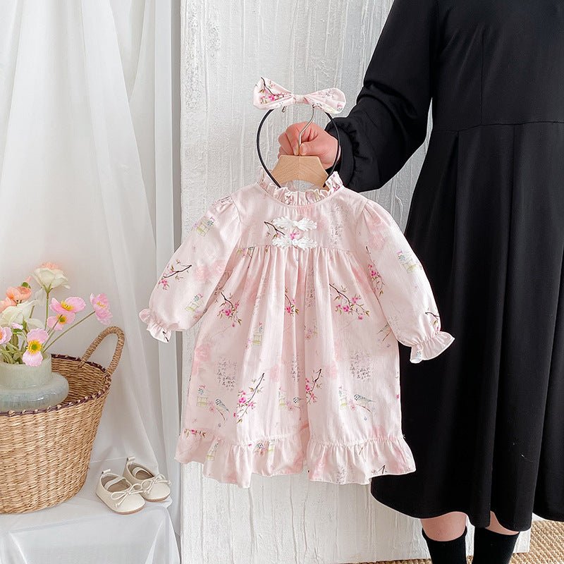 Long Sleeve Baby Girl Triangle Rompers Retro Tang Style Dress - Eshtree