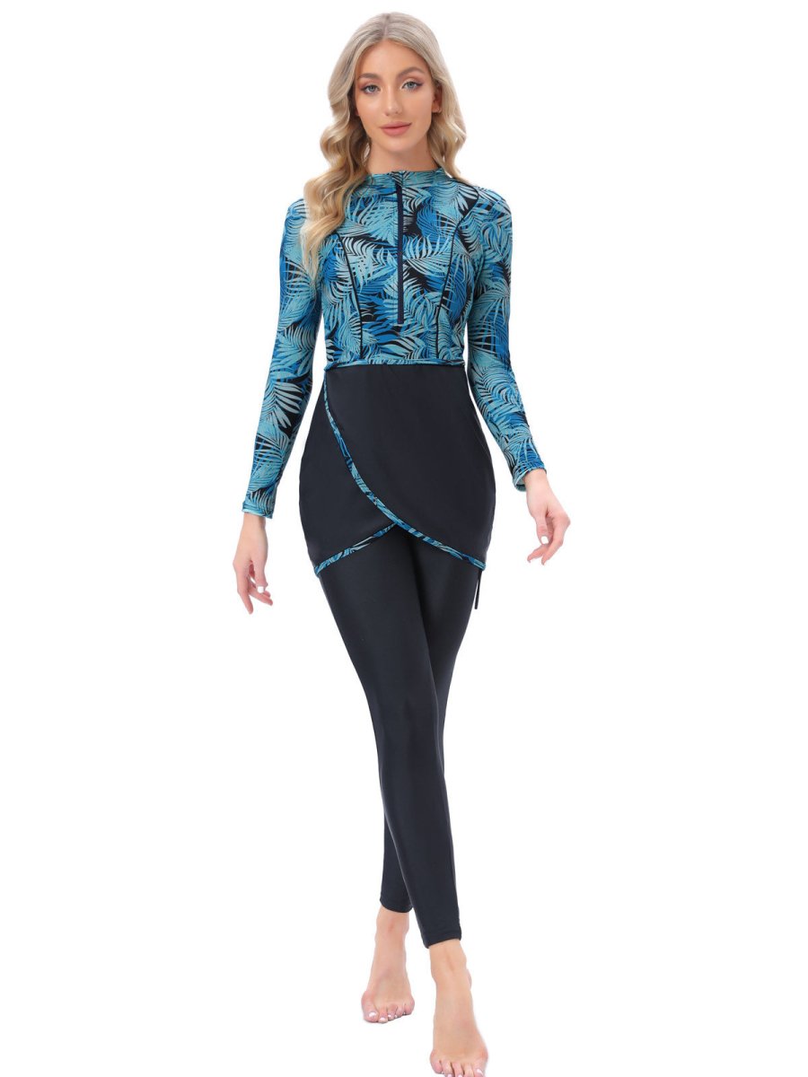 Long Sleeve Zipper Muslim Swimsuit With Hat Chest Pad 3 Piece Conservative - Eshtree