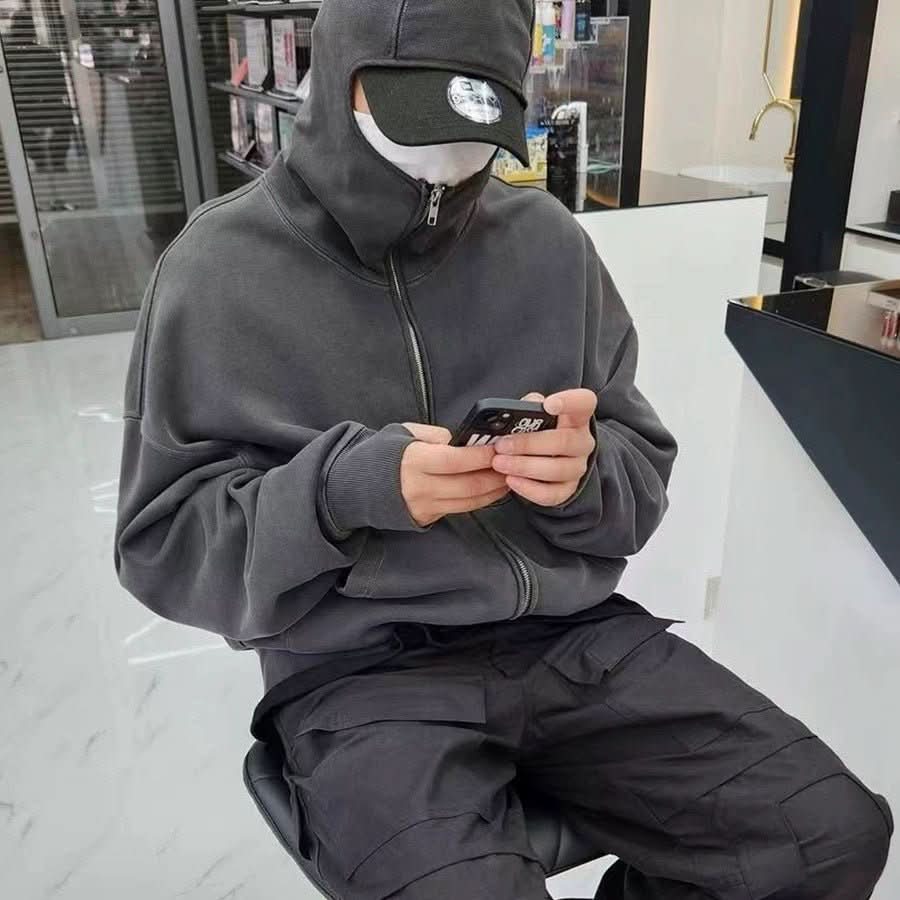 Loose Casual Hoodie Sweater Mask Zipper Distressed Cardigan - Eshtree