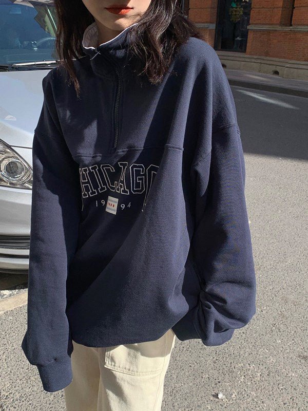 Loose Half Zipper High Collar Casual Top Trendy - Eshtree