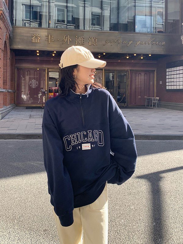 Loose Half Zipper High Collar Casual Top Trendy - Eshtree