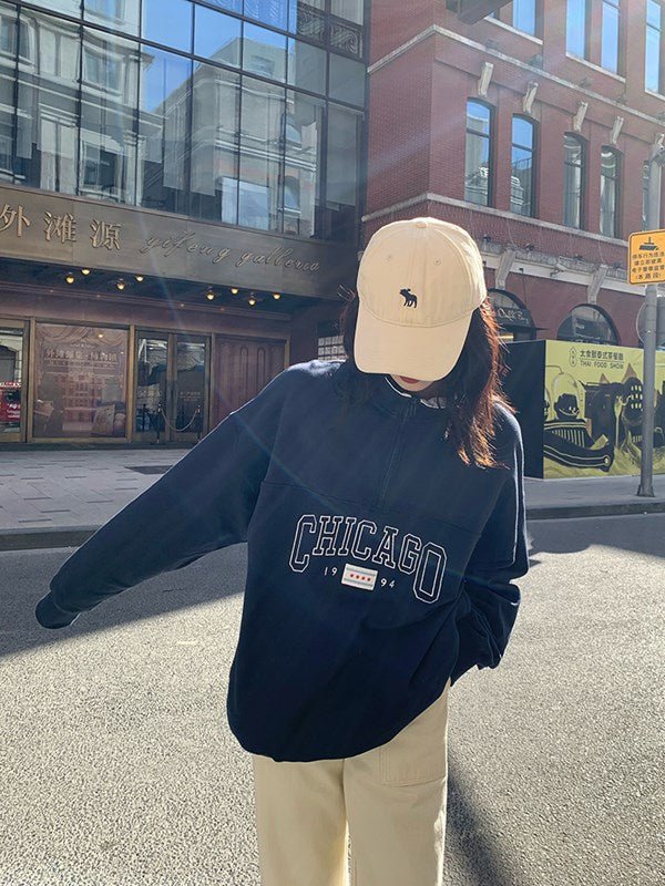 Loose Half Zipper High Collar Casual Top Trendy - Eshtree