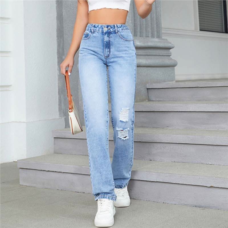 Loose High Waist Leisure Ripped Jeans - Eshtree