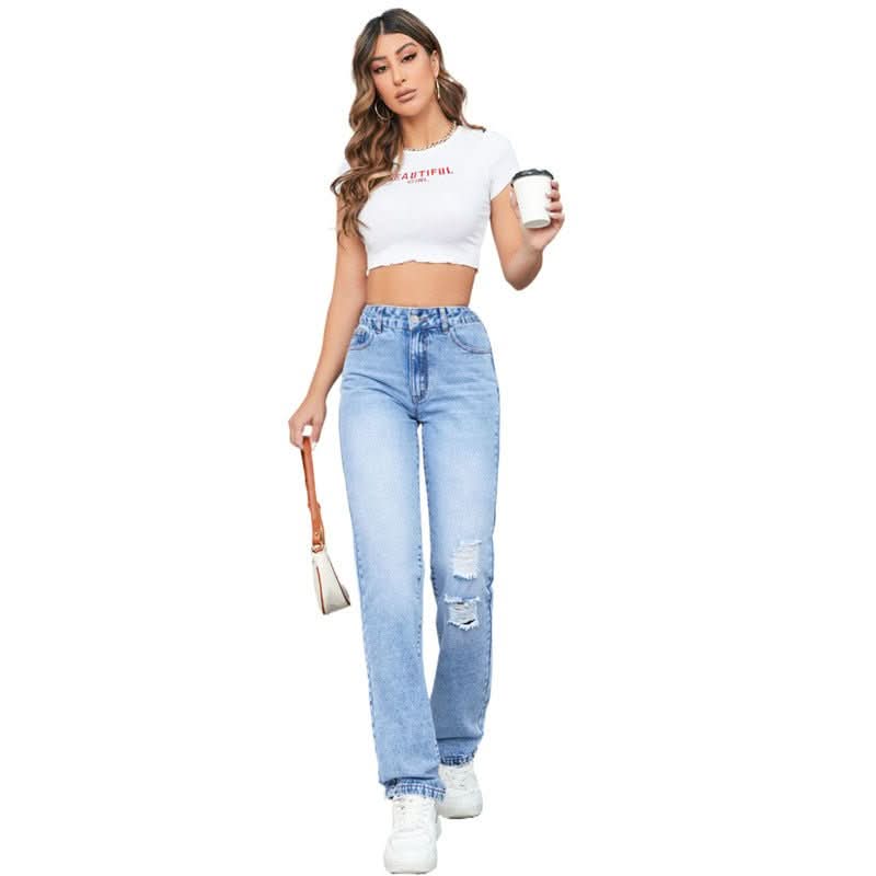 Loose High Waist Leisure Ripped Jeans - Eshtree