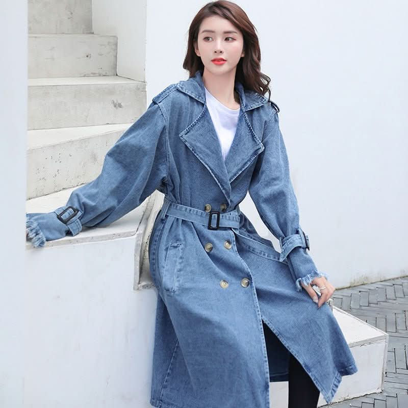 Loose Mid - length Coat With Belt Double Breasted Denim Women's Windbreaker - Eshtree