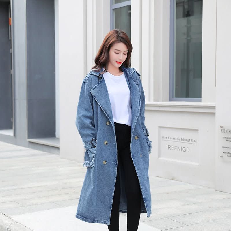 Loose Mid - length Coat With Belt Double Breasted Denim Women's Windbreaker - Eshtree