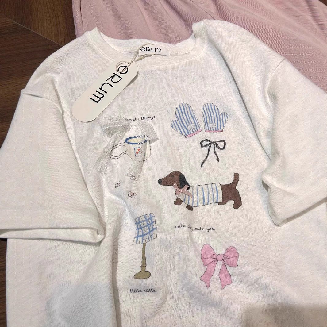 Loose Top Bow Print Cotton Crew Neck Short Sleeves T-shirt - Eshtree