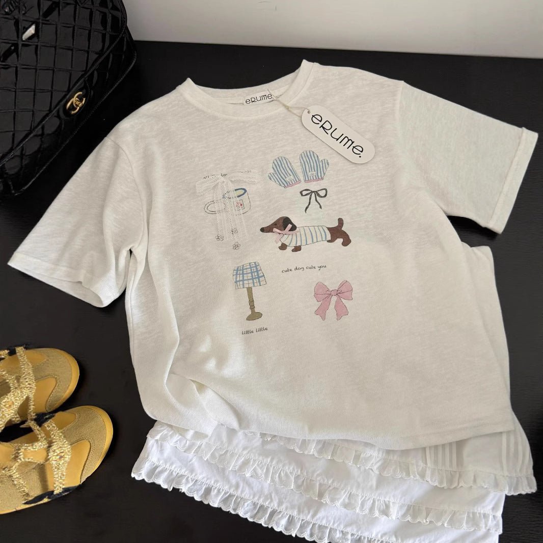 Loose Top Bow Print Cotton Crew Neck Short Sleeves T-shirt - Eshtree