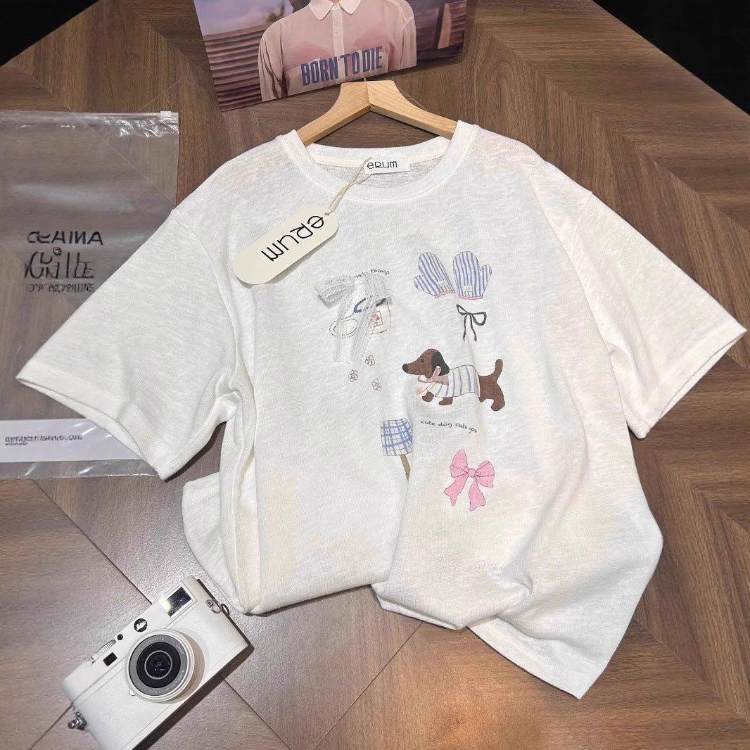 Loose Top Bow Print Cotton Crew Neck Short Sleeves T-shirt - Eshtree