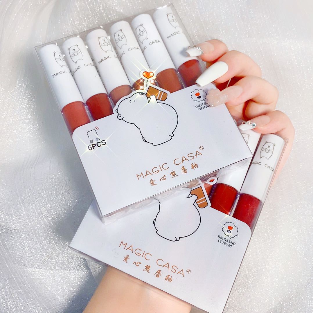 MAGIC CASA Love Bear Lip Lacquer Six Sets Not Easy To Fade Lipstick Matte Moisturizing Lip Mud Cross - border Makeup - Eshtree