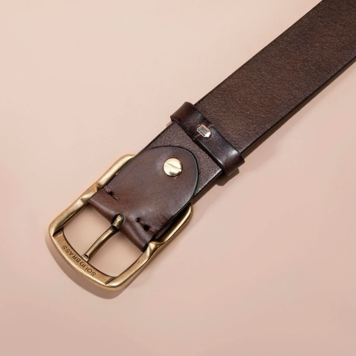 Men's Belt Genuine Leather Top Grain Pure Cowhide Retro Brass Buckle - Eshtree