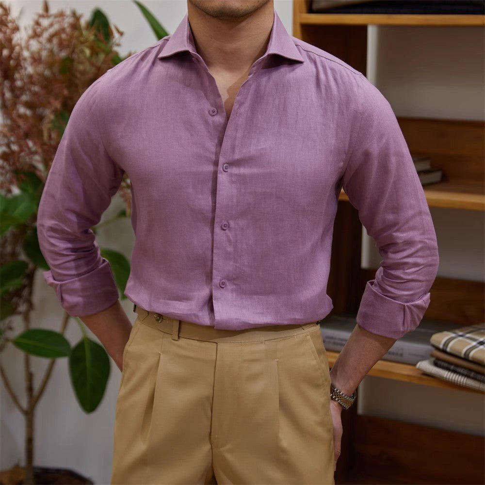 Men's Cotton Linen Casual Solid Color Long Sleeve Shirt - Eshtree