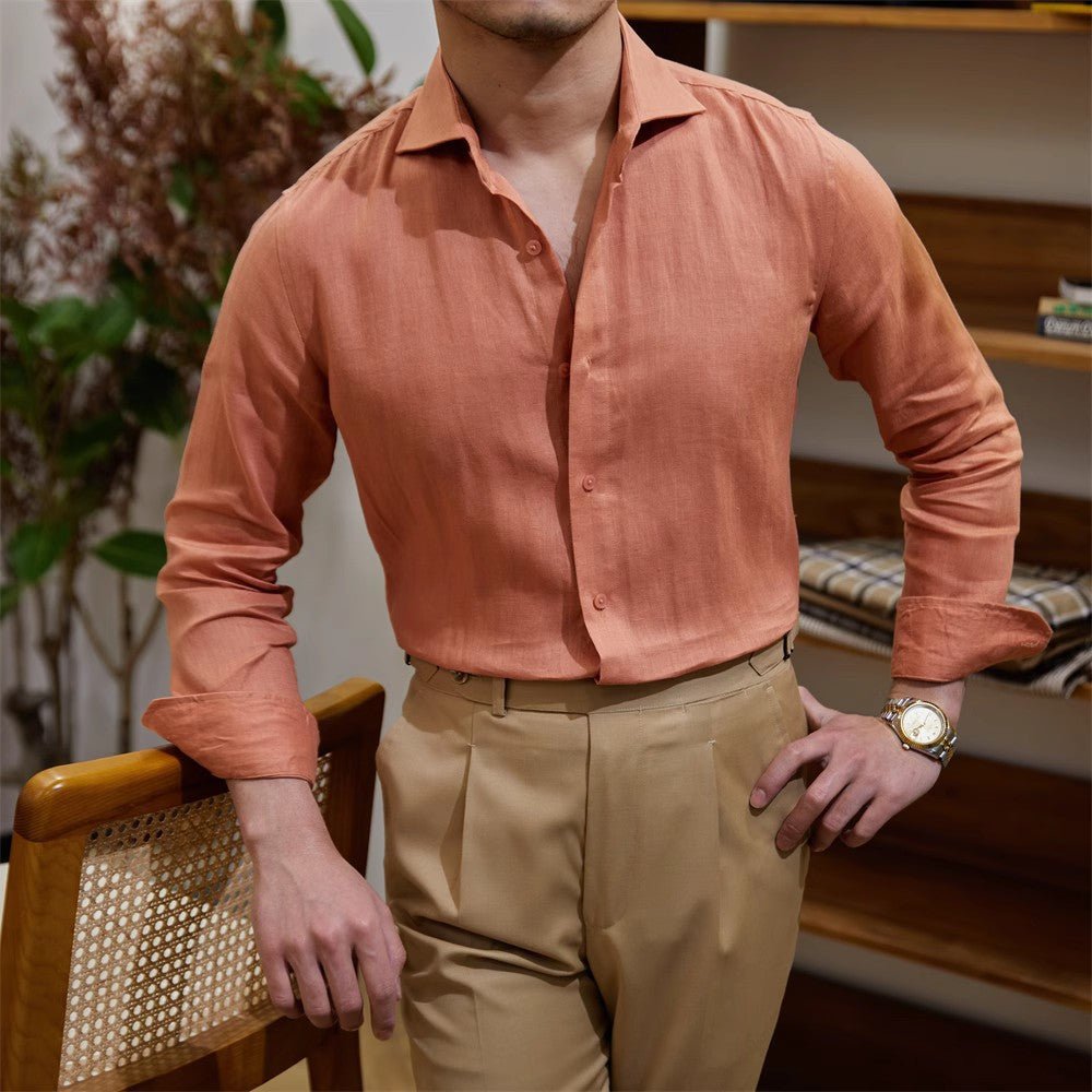 Men's Cotton Linen Casual Solid Color Long Sleeve Shirt - Eshtree