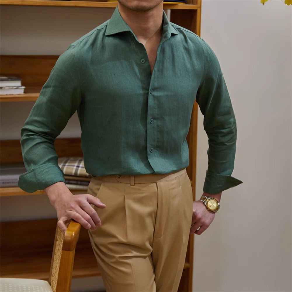 Men's Cotton Linen Casual Solid Color Long Sleeve Shirt - Eshtree