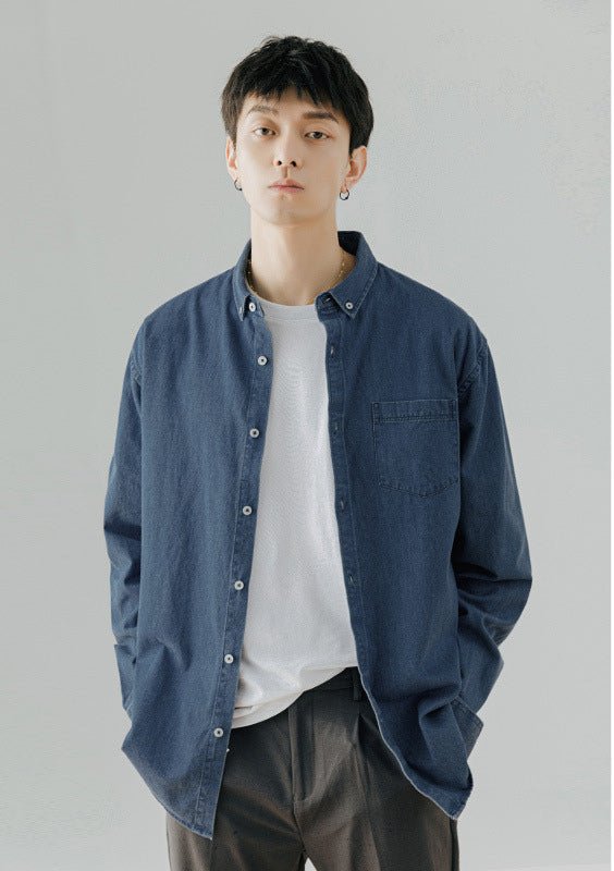 Men's Denim Long - sleeved Shirt Trendy Casual Solid Color Work Clothes Shirt Coat - Eshtree