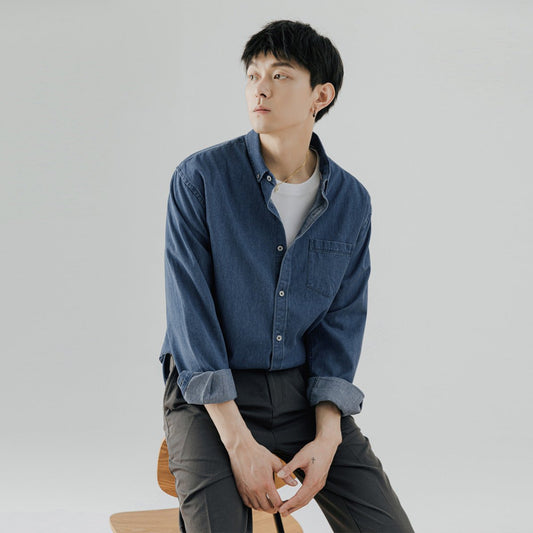 Men's Denim Long - sleeved Shirt Trendy Casual Solid Color Work Clothes Shirt Coat - Eshtree