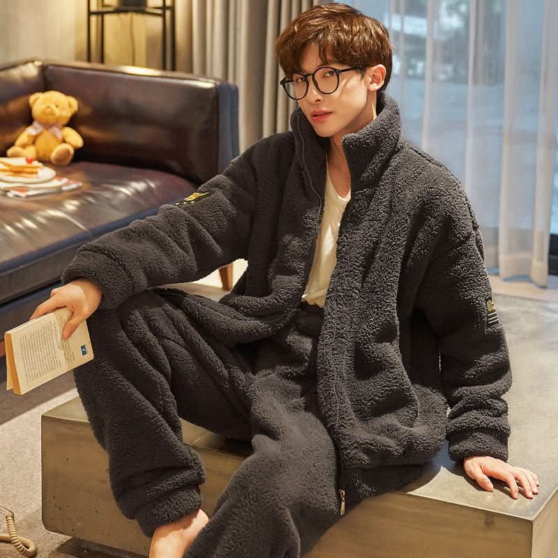 Men's Flannel Pajamas Stand Collar Zipper With Extra Thickness For Warmth - Eshtree