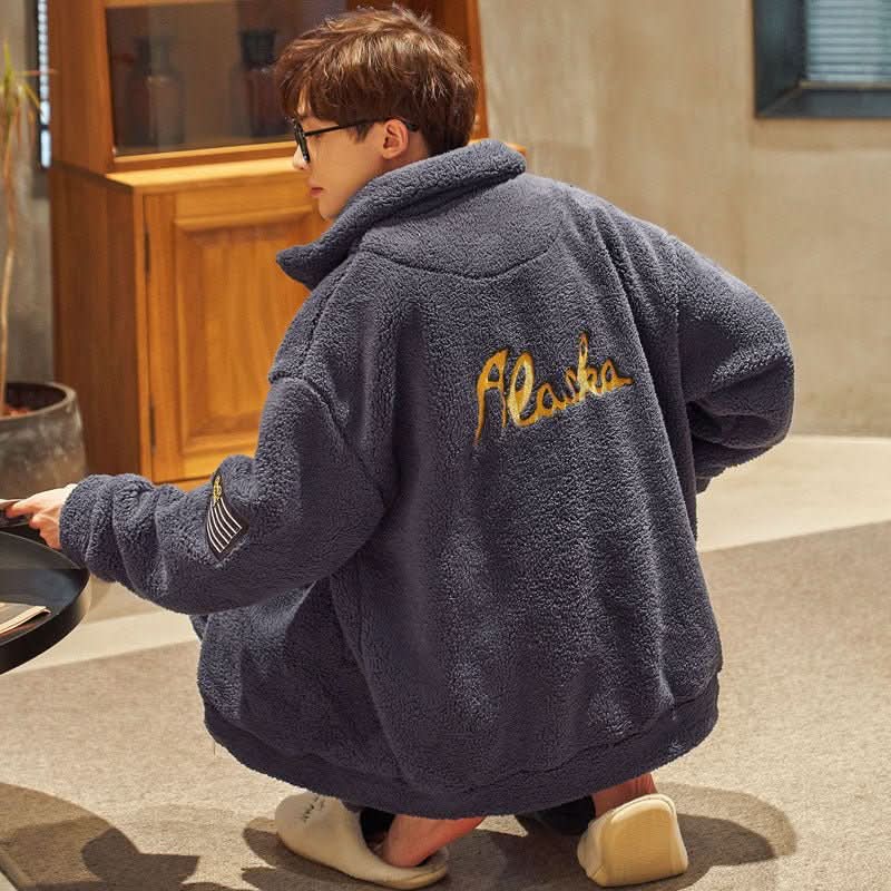 Men's Flannel Pajamas Stand Collar Zipper With Extra Thickness For Warmth - Eshtree