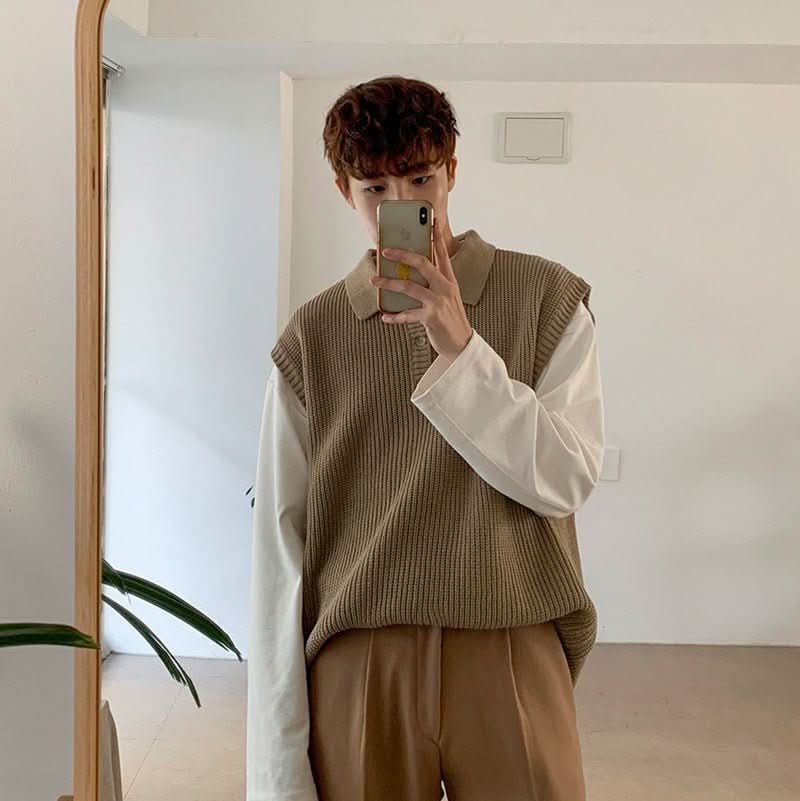 Mens Loose - fit V - neck Knitted Sweater Versatile Solid - color Outerwear Vest - Eshtree