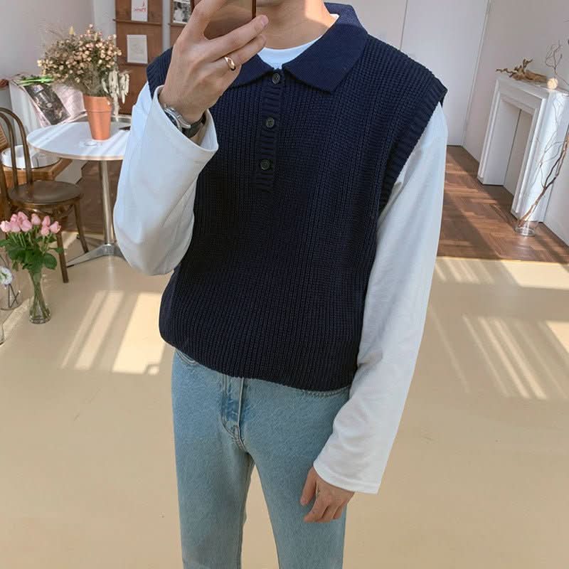 Mens Loose - fit V - neck Knitted Sweater Versatile Solid - color Outerwear Vest - Eshtree