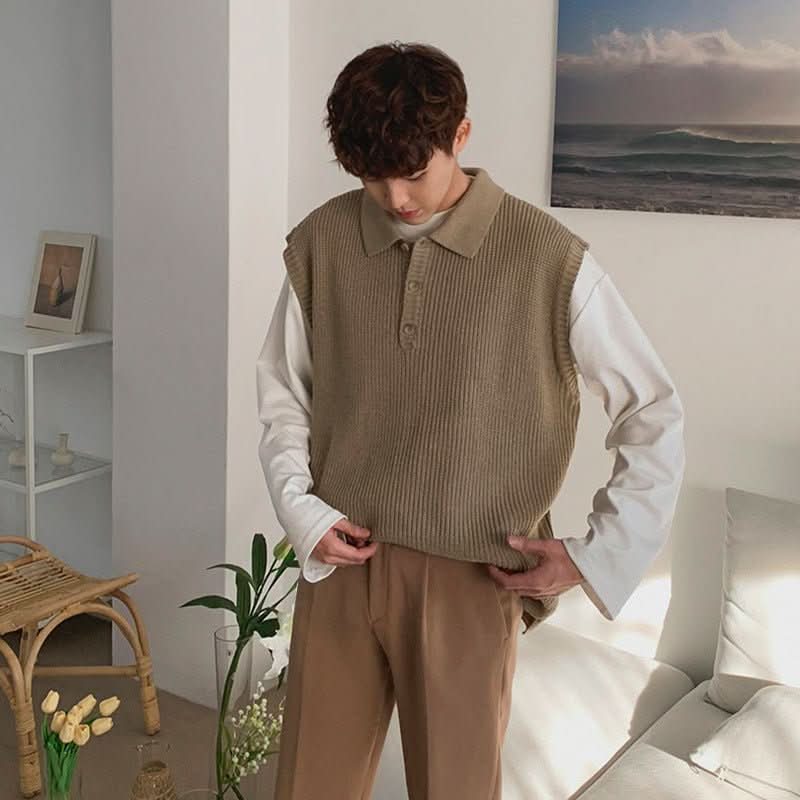 Mens Loose - fit V - neck Knitted Sweater Versatile Solid - color Outerwear Vest - Eshtree