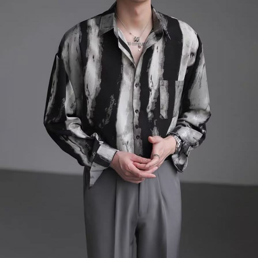 Mens Relaxed Edgy Shirt With A Water - wave Texture And A Flowing Drape - Eshtree