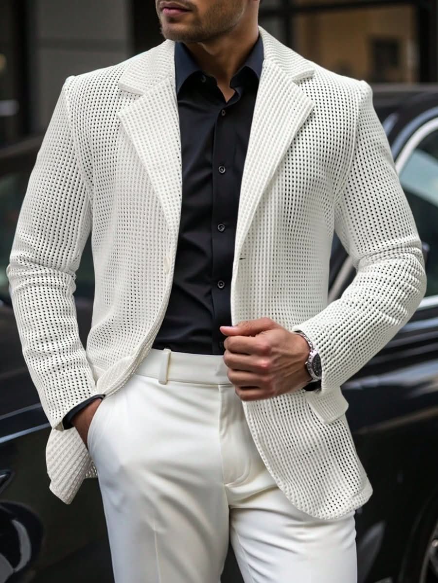 Mens Solid Color Loose Fit White Suit Casual Jacket - Eshtree