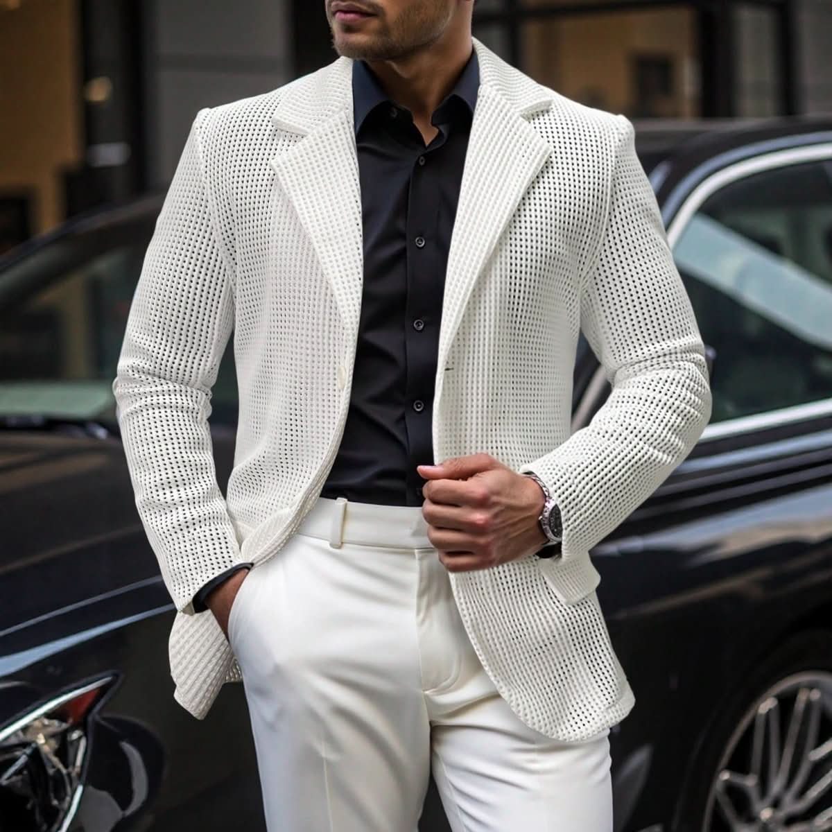 Mens Solid Color Loose Fit White Suit Casual Jacket - Eshtree