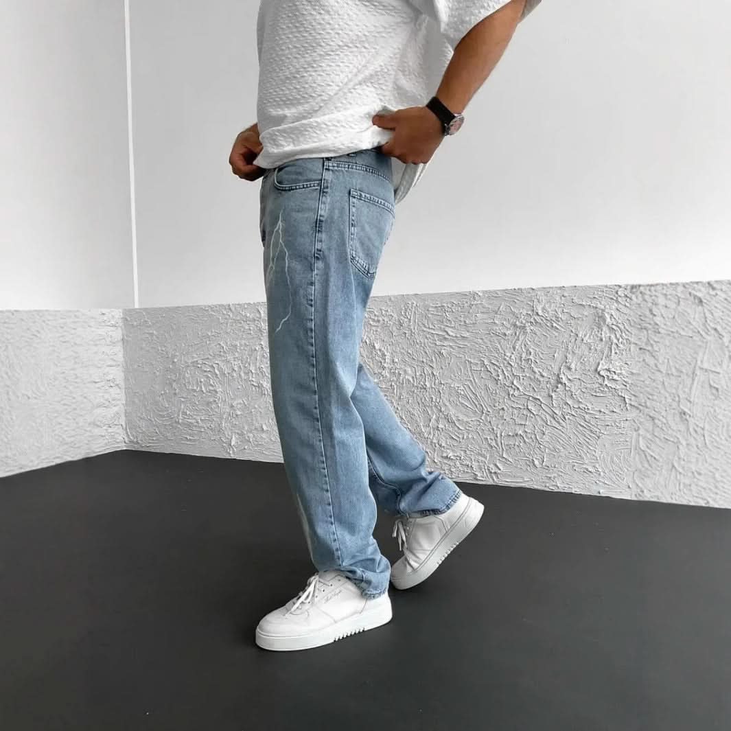 Men's Straight - leg Pants Printed Solid Color Loose Wide Leg Denim - Eshtree