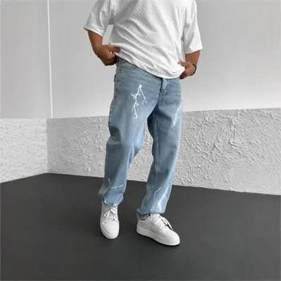 Men's Straight - leg Pants Printed Solid Color Loose Wide Leg Denim - Eshtree