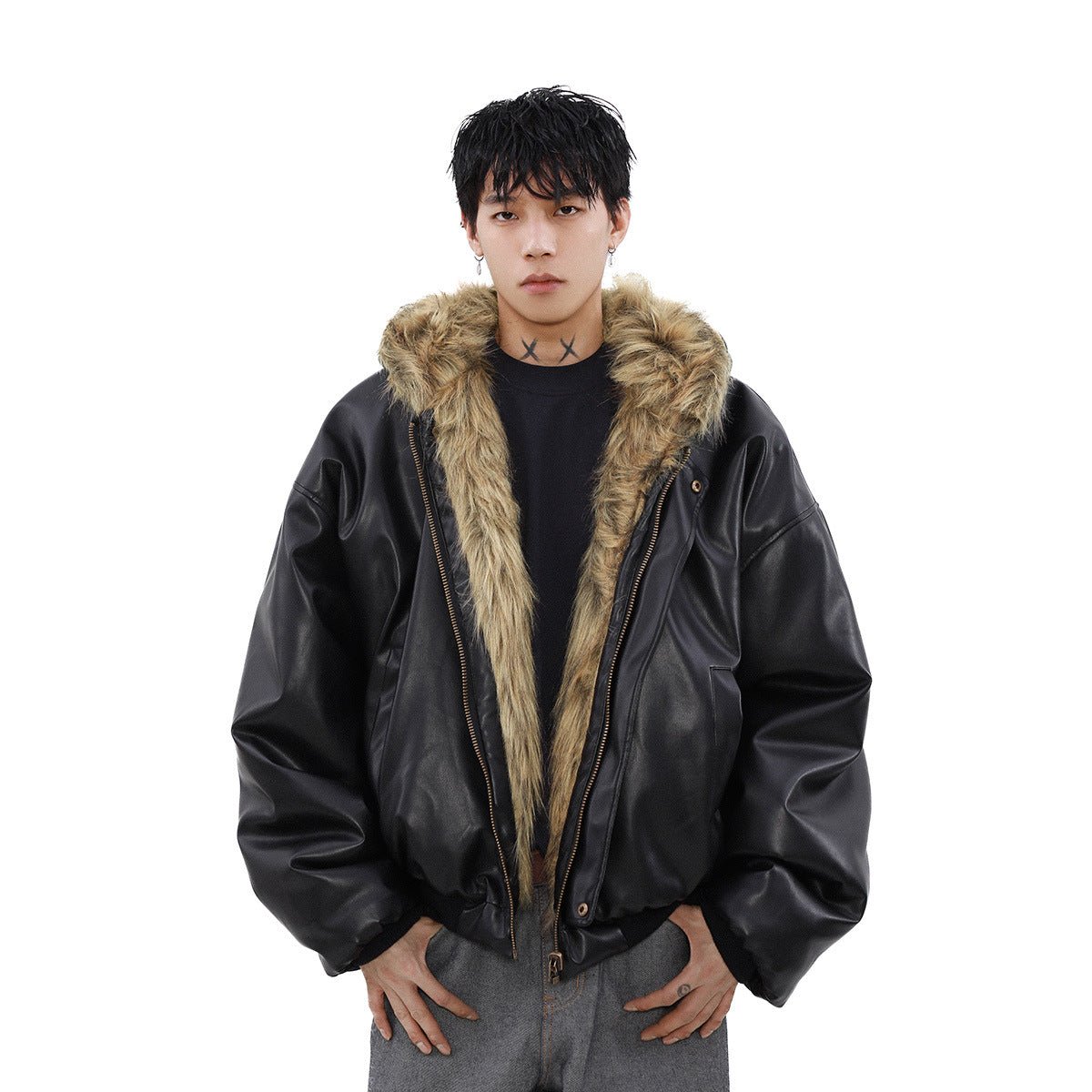 Mens Winter Fleece - Lined Thickened Reversible Leather - and - Fur Jacket - Eshtree