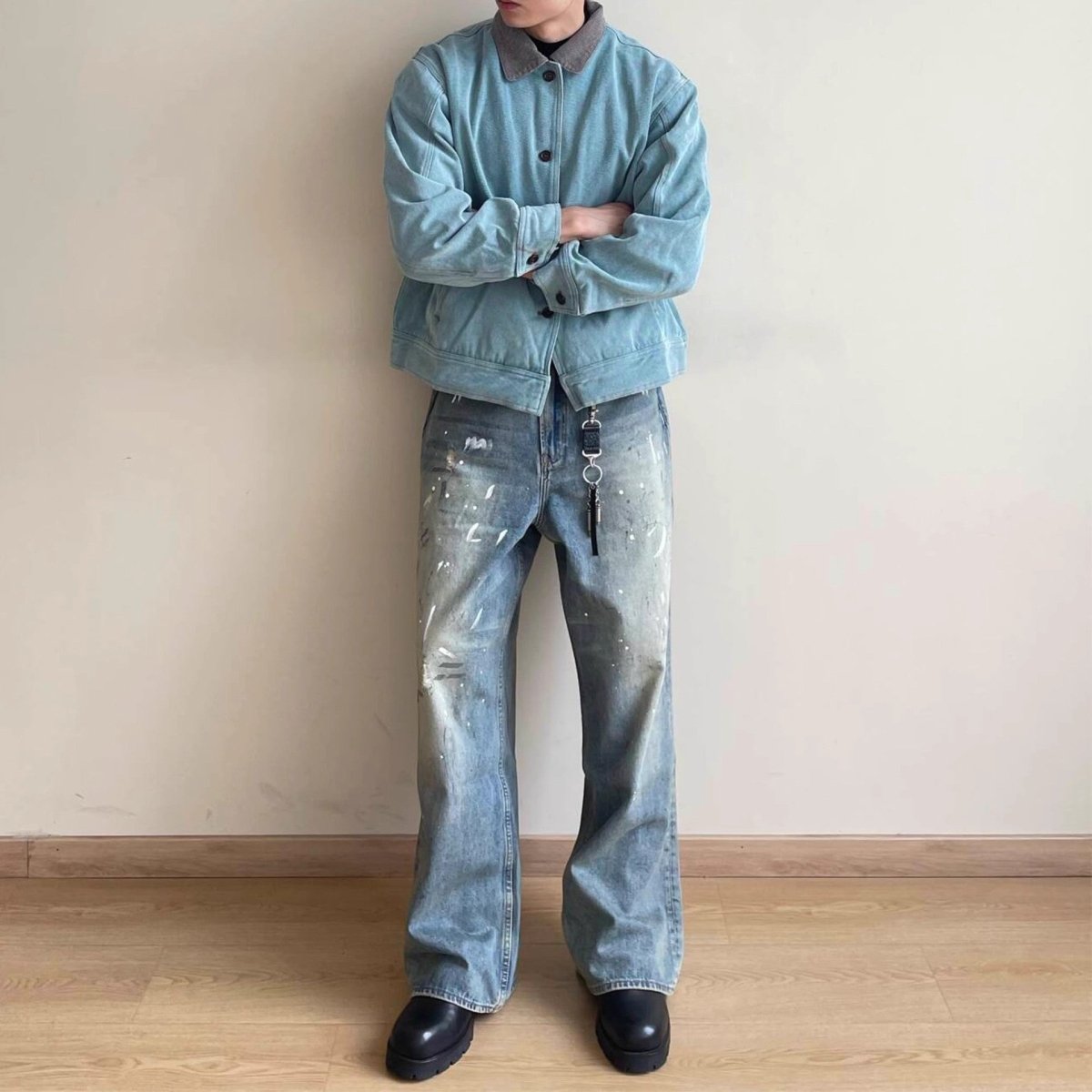 Neutral Wide Leg Mopping Dirty Splash - ink Distressed Design Jeans - Eshtree