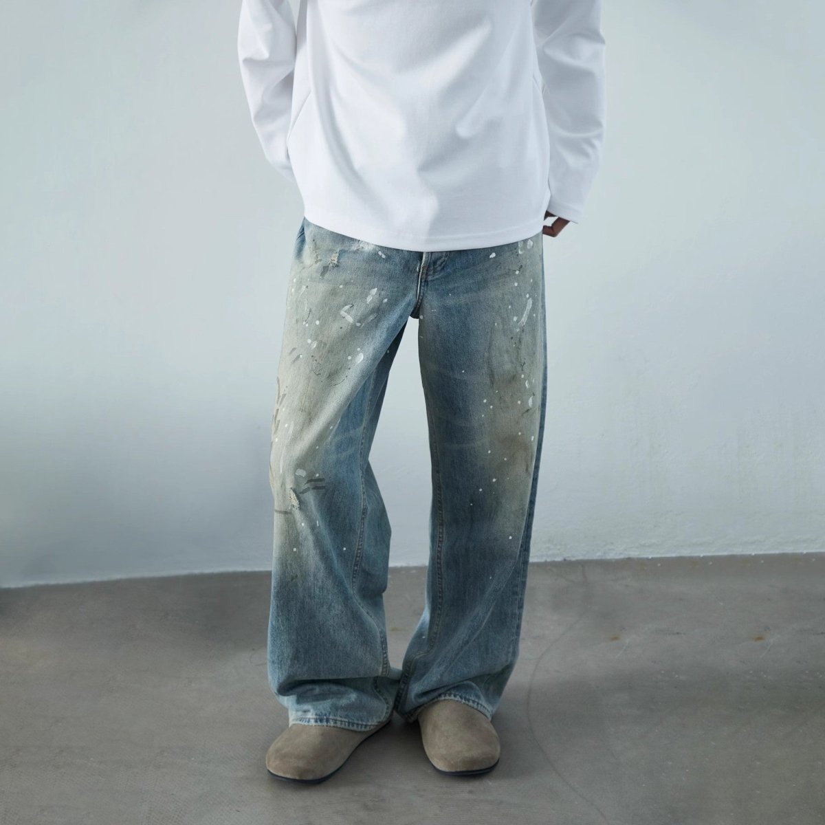 Neutral Wide Leg Mopping Dirty Splash - ink Distressed Design Jeans - Eshtree